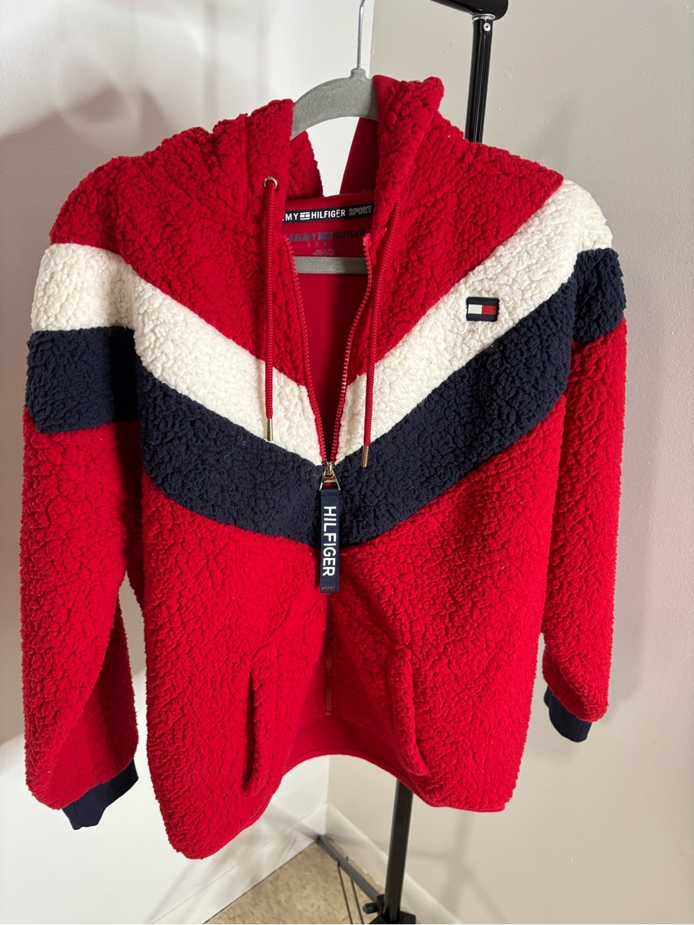 Tommy Hilfiger Red Navy White Colorblock Sherpa Zip-Up Sweater